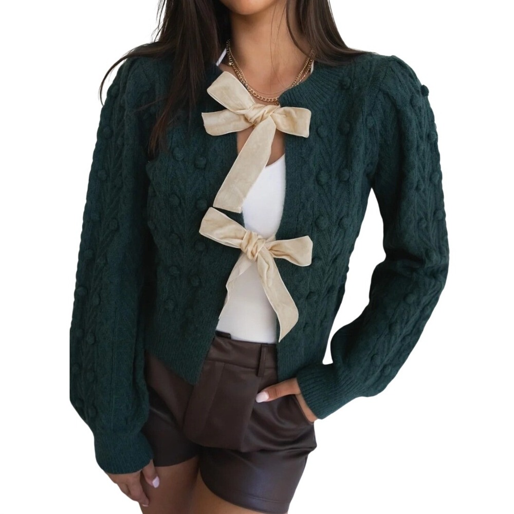 &merci Cardigan Women L Green Put A Bow On It Cable Knit Bobble Velvet Coquette